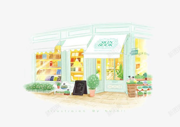 手绘书店png免抠素材_新图网 https://ixintu.com 书店 创意 插画 绿色