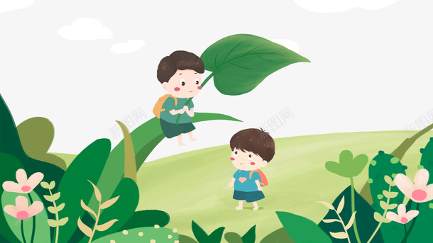 卡通手绘在草地上玩耍的孩子psd免抠素材_新图网 https://ixintu.com 卡通 在草地上 手绘 玩耍的孩子 绿叶 背着书包的学生 草丛装饰