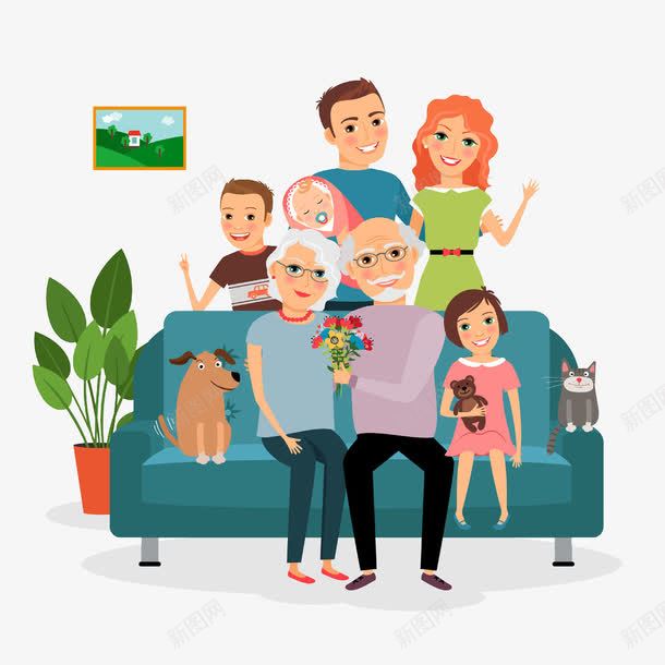 幸福家庭png免抠素材_新图网 https://ixintu.com 和睦一家 夫妻 小孩 沙发 相框 老人