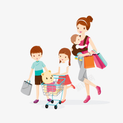 购物的一家人手绘一家人逛超市高清图片