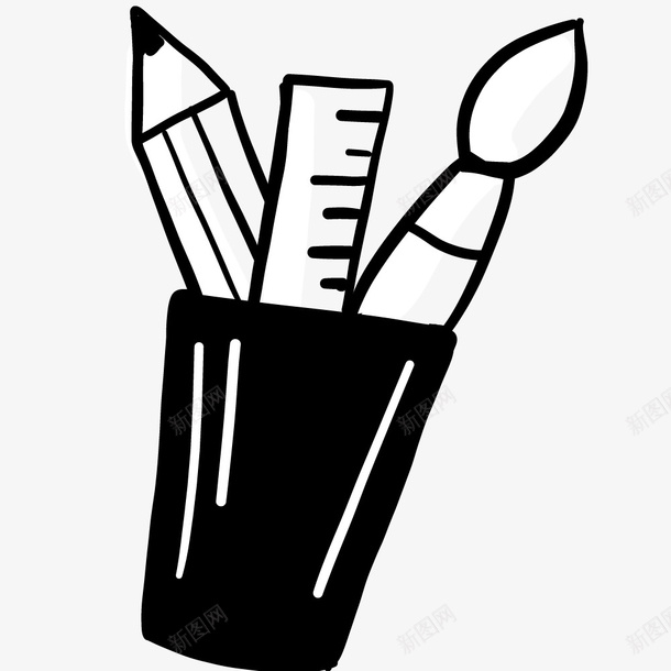 黑色手绘笔筒里的文具图标png_新图网 https://ixintu.com 动漫动画 卡通手绘 文具 画笔 笔筒 装饰图 量尺 铅笔 黑色笔筒