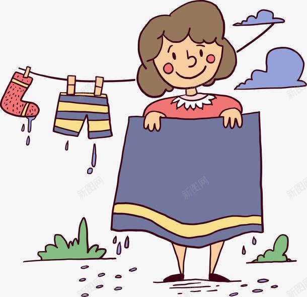 卡通做家务的女子png免抠素材_新图网 https://ixintu.com 云朵 床单 晾衣服 晾衣杆 短裤 袜子