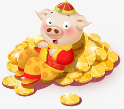 红色猪钱罐黄色钱堆里的红色卡通猪高清图片