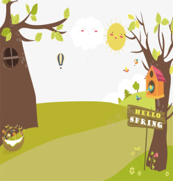 小兔子儿童房装饰画森林动物鸟儿的家园卡通插画矢量图高清图片