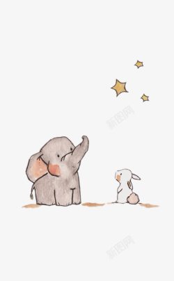 手绘小象小象与小兔子看星星高清图片