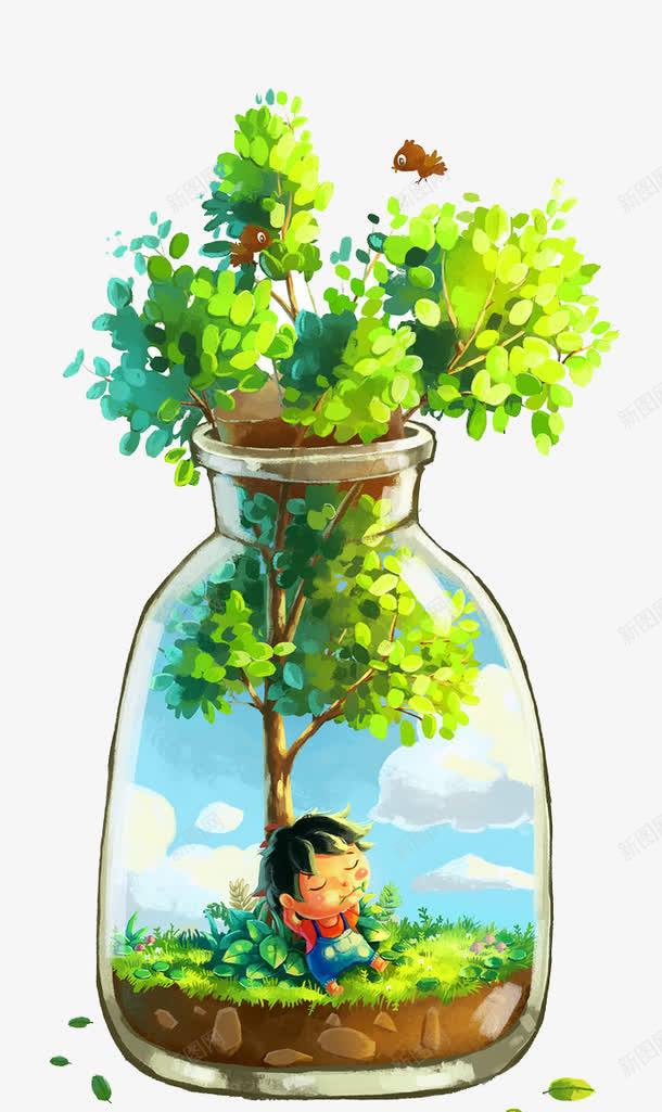 漂流瓶儿童插画png免抠素材_新图网 https://ixintu.com 儿童 插画 漂流瓶 绿树