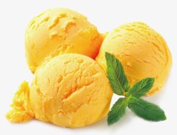 黄色芒果冰激凌球黄色芒果冰激凌球薄荷叶高清图片