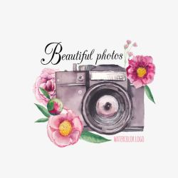 水彩照相机水彩花朵照相机高清图片
