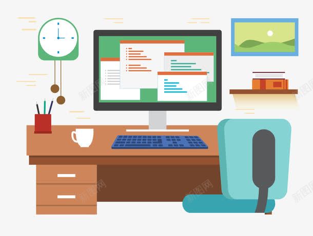 办公室桌电脑png免抠素材_新图网 https://ixintu.com 办公室桌 显示器 椅子 电脑 钟 键盘