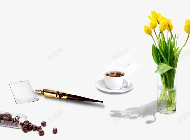 书桌上的装置psd免抠素材_新图网 https://ixintu.com 书桌上的装置 写字 咖啡 咖啡杯 咖啡豆 暑假作业 纸张钢笔 花瓶 记事本