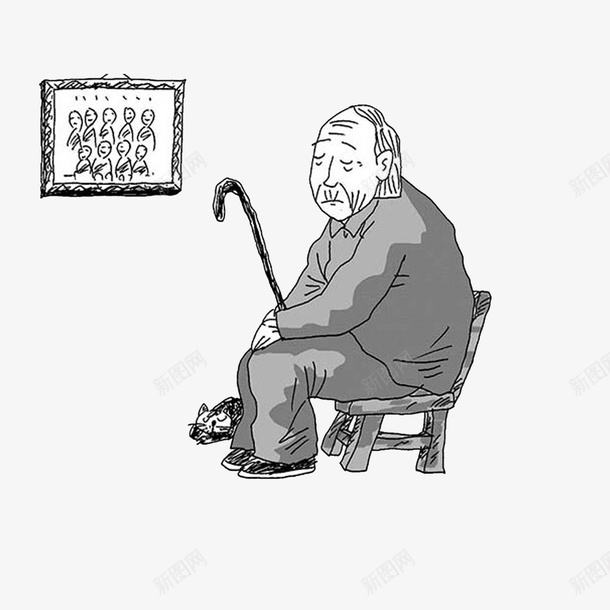 坐着睡觉的独居老人png免抠素材_新图网 https://ixintu.com 坐着睡觉的独居老人 孤独的老人 弱势群体 相框 老人睡觉 黑白手绘
