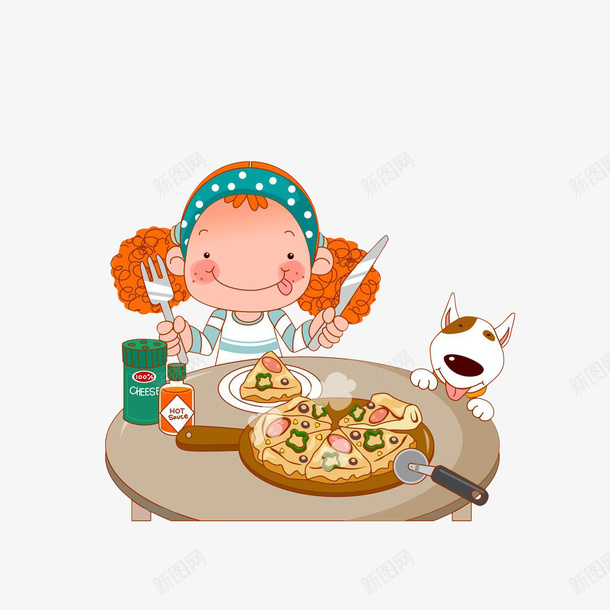 卡通等吃披萨的小狗png免抠素材_新图网 https://ixintu.com 吃披萨 吐舌头 手拿刀叉的女孩 热气腾腾 狗吃东西