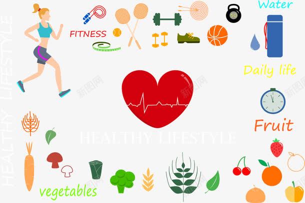 保持健康的要素png免抠素材_新图网 https://ixintu.com 作息规律 健康饮食 矢量素材 绿色蔬菜 运动健身