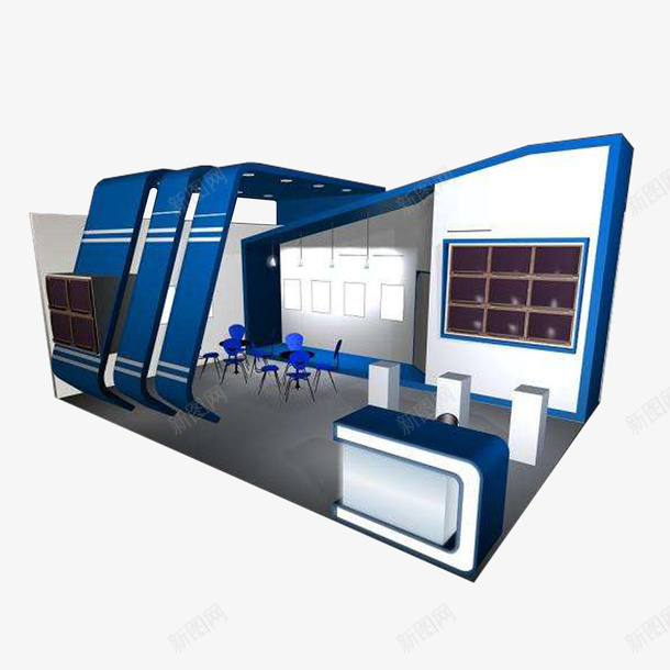 3D展厅造型png免抠素材_新图网 https://ixintu.com 3D展厅 双开口 展台设计 展示 展览 异形 模型 蓝色
