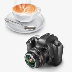 单反相机卡通卡通风格咖啡杯子和单反相机高清图片