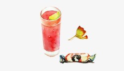 水果味糖果水彩插画西瓜汁与糖果还有树叶高清图片