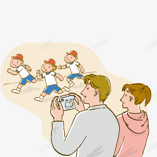 给孩子拍照的家长矢量图ai免抠素材_新图网 https://ixintu.com 人物设计 卡通 家长 拍照 拍照小人 比赛 矢量图 记录 跑步