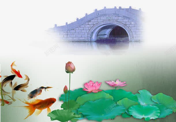 荷塘与桥png免抠素材_新图网 https://ixintu.com 建筑 手绘 拱桥 简图 绿色的 荷叶 荷花 金鱼