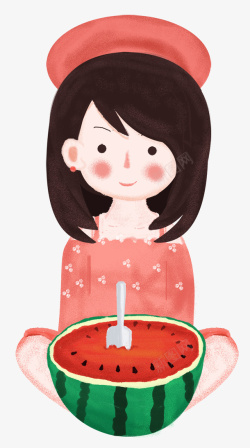 立夏节气可爱手绘插画女孩吃西瓜素材