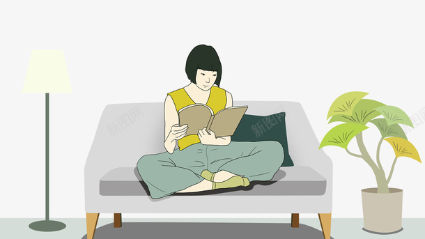卡通手绘坐在沙发上看书的女psd免抠素材_新图网 https://ixintu.com 免抠卡通手绘坐在沙发上看书的女孩免费下载 免抠沙发 卡通 坐在沙发上 手绘 盆栽装饰 看书的女孩 认真的女孩
