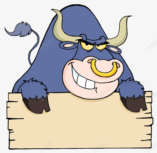 拿着木板的牛png免抠素材_新图网 https://ixintu.com 卡通手绘 强壮 牛角 简笔牛 装饰 题目框