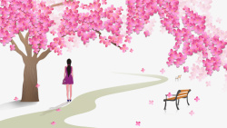 漫画风景卡通手绘樱花树下看风景的女高清图片