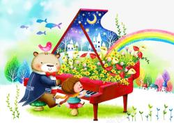清新卡通仙人草弹钢琴的小熊高清图片