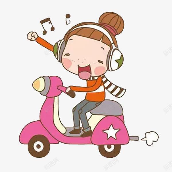 骑车的小女孩png免抠素材_新图网 https://ixintu.com 乐符 卡通 围巾 小女孩 带耳机的人 电动车 粉色 耳机