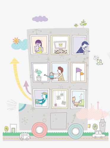 公寓里的生活想象图png免抠素材_新图网 https://ixintu.com 儿童漫画 场景 孩子 建筑 浇花 看书