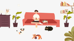 好看的猫男孩卡通手绘室内和猫在沙发上坐高清图片