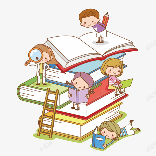 卡通书堆上读书的孩子png免抠素材_新图网 https://ixintu.com 书堆 卡通 卡通孩子 学习孩子 孩子 白色 读书