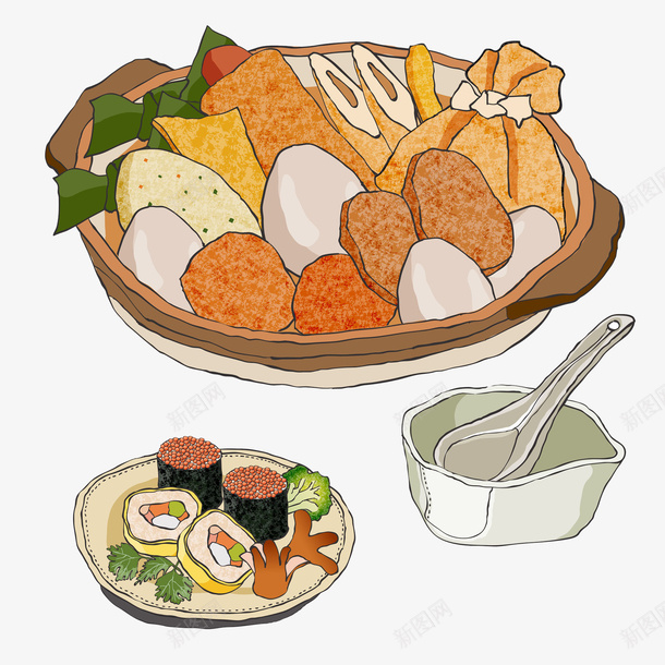 日本料理插画套餐插图png免抠素材_新图网 https://ixintu.com 关东煮 套餐插图 插画 日本料理 紫菜卷 饮食特色