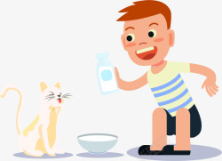 小清新牛奶小孩给猫咪喂牛奶插画矢量图高清图片