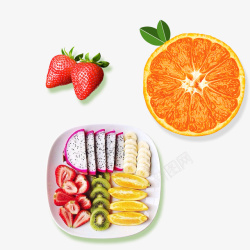 火龙果装饰白色盘子里的水果高清图片