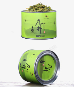 茶叶细节展示绿色龙井茶叶铁罐高清图片