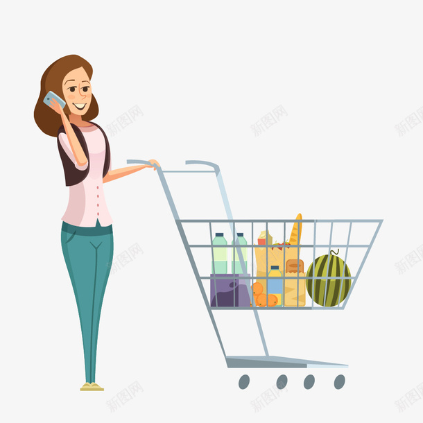 逛超市的女性png免抠素材_新图网 https://ixintu.com 女性 打电话 购物车 逛超市