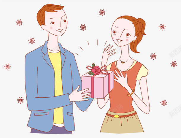 送礼物的男人png免抠素材_新图网 https://ixintu.com 卡通 女人 帅气的 情侣 感动的 男人 示爱 礼物