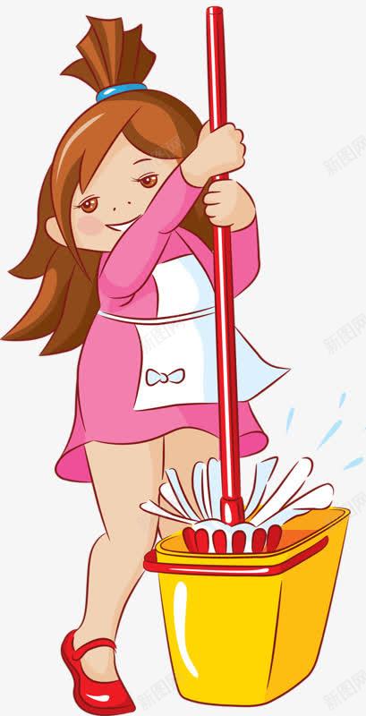 洗拖布的女孩png免抠素材_新图网 https://ixintu.com 卡通 围裙 女孩 拖布 拖把 水