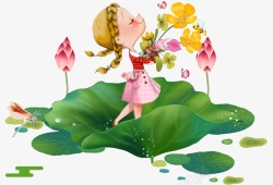 手绘荷花池荷花池里捧着鲜花的女孩高清图片