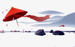 水墨丝带素材飞舞的红色油纸伞高清图片