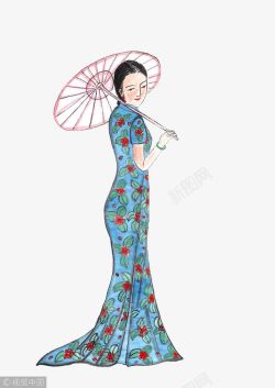 旗袍插图穿长托旗袍撑伞的女人高清图片