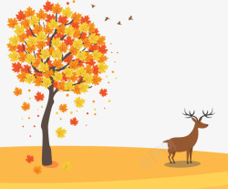 黄色的小鹿卡通手绘立秋小鹿枫叶高清图片