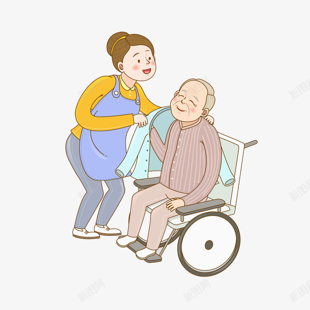 照顾轮椅上老人的女人png免抠素材_新图网 https://ixintu.com 卡通 坐轮椅的老人 女人 护工 照料的 病人 相互关爱 细心地 高兴地