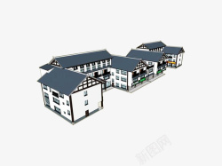 SU模型南方蓝灰屋顶白墙新中式三层住宅高清图片