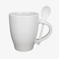 冒气的热水杯带勺子的白色陶瓷水杯高清图片