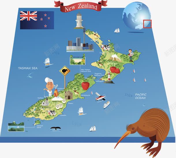 卡通新西兰地图png免抠素材_新图网 https://ixintu.com 卡通地图 地球 地理学 新西兰地图