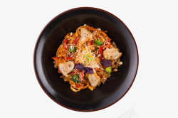 熟食制品黑色碗里的肉片辣椒西蓝花芝麻拌高清图片