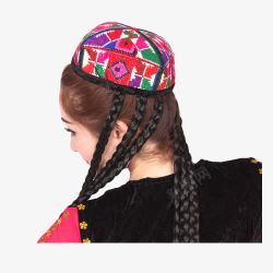女士辫子戴花帽的维吾尔族少女高清图片