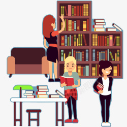 卡通在图书馆学习的女孩素材