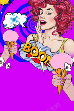 波普风红发女郎冰淇淋紫色创意卡通背景背景